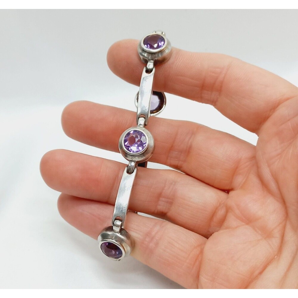 Vtg BOMA Sterling Silver 925 Natural Amethyst Link Bracelet